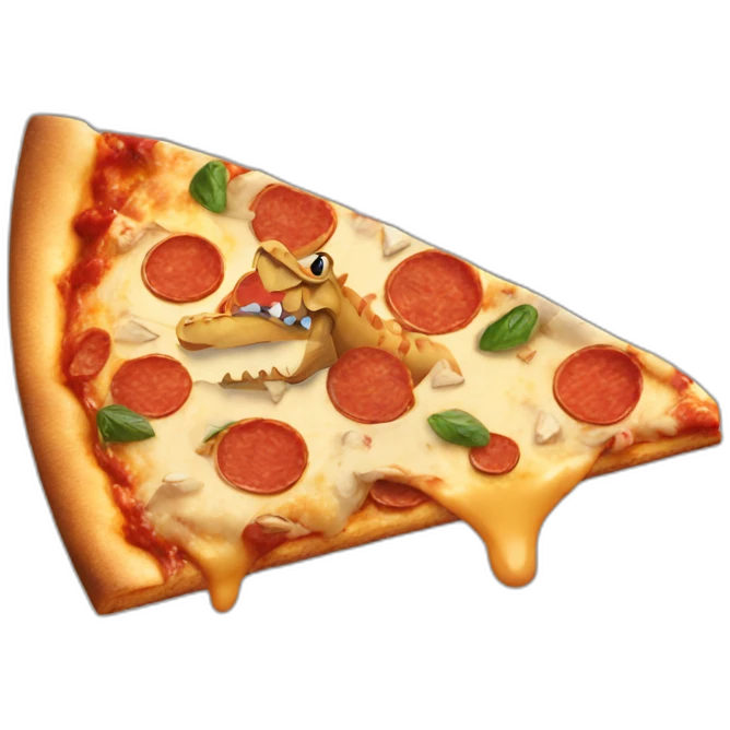 A dinosaur open mouth riding on pizza slice emoji
