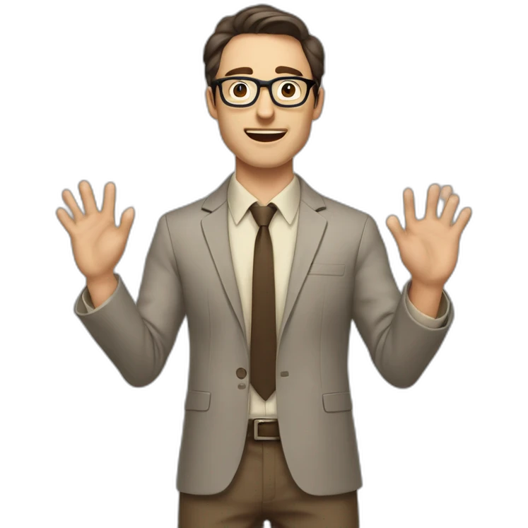 To belt Actively gesturing with hands Pale skinned fit man with dark brown hair in gray jacket, beige office shirt, brown tie, brown pants and vintage glasses. emoji