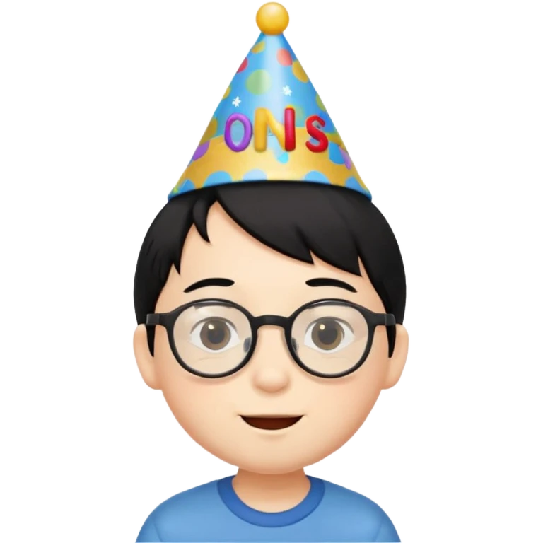 a little boy with black hair with birthday hat, wearing glasses 















 emoji