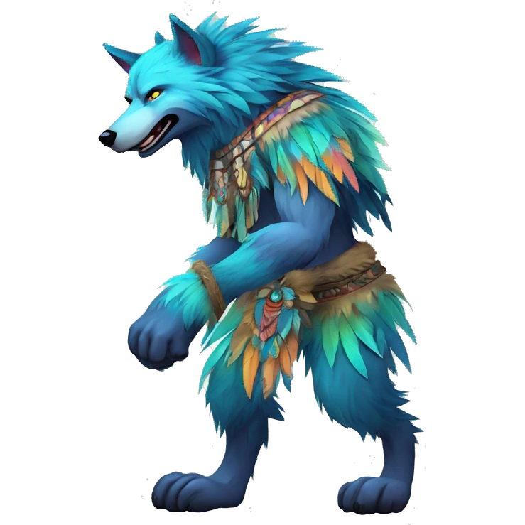 Fluffy Colorful Shy Spiritual Shamanic WereWolf With Shiny Tribal Markings wearing feathers Full Body emoji