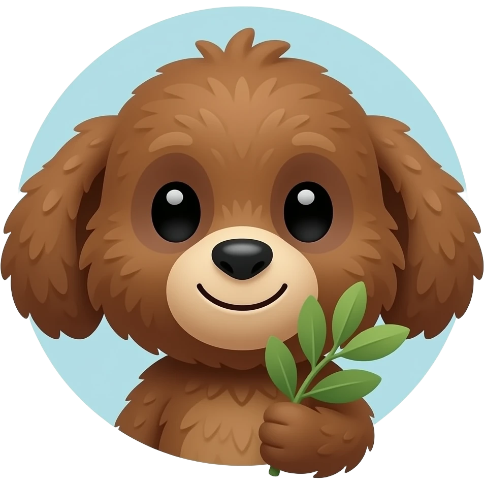 A cute kawaii Cheburashka face, big round floppy ears, large innocent black eyes, small snub nose, soft brown fluffy fur, holding a small green olive branch in its paw, sweet gentle smile, round emoji style, pastel light blue background, simple vector art, adorable, flat design, very cute emoji