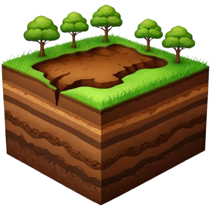 A 3D cartoon cross-section of soil layers with green grass on top, visible brown earth textures, clean white background, smooth and detailed Memoji-style. emoji