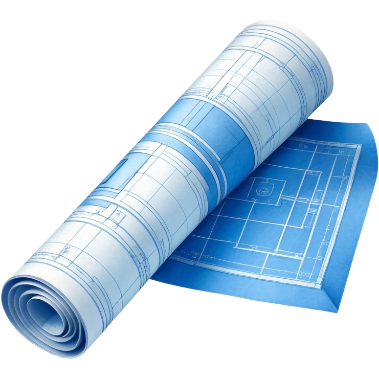 half rolled up blue blueprint plan with white architectural lines, perspective angle emoji