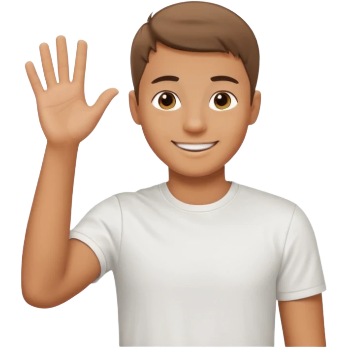 joven bronceado corte de pelo muy cortito polera blanca sonrisa bonita saludando mano arriba emoji