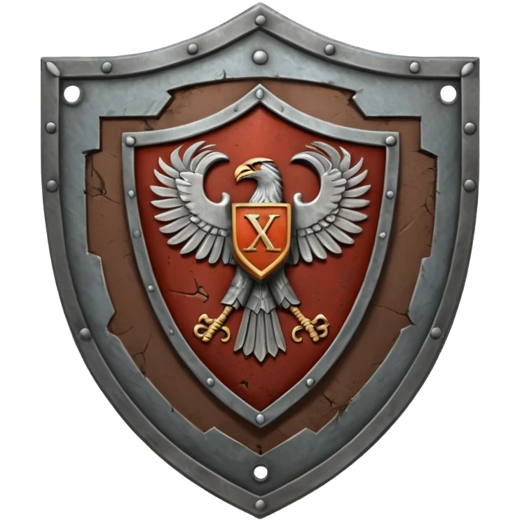 a battle worn steel shield with engraved roman numerals for 30, the roman numerals should be prominante and in the center of the shield emoji
