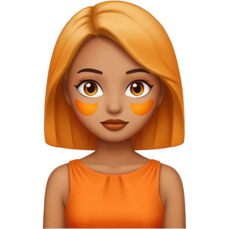 A girl tan skin face emoji with skin head styled, dramatic makeup and an orange dress. emoji