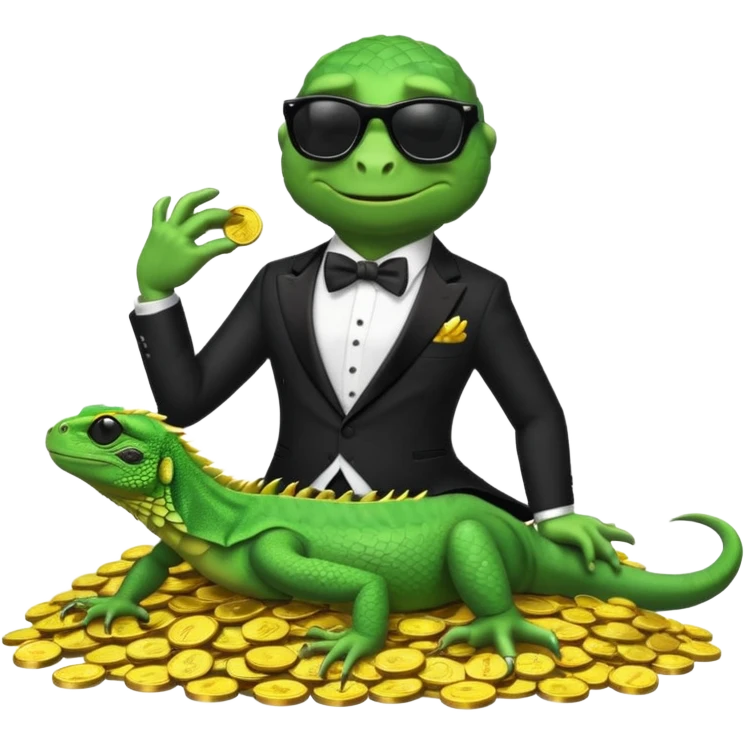 capitalist iguana banker in tuxedo and black sunglasses lying comfortly on coins emoji