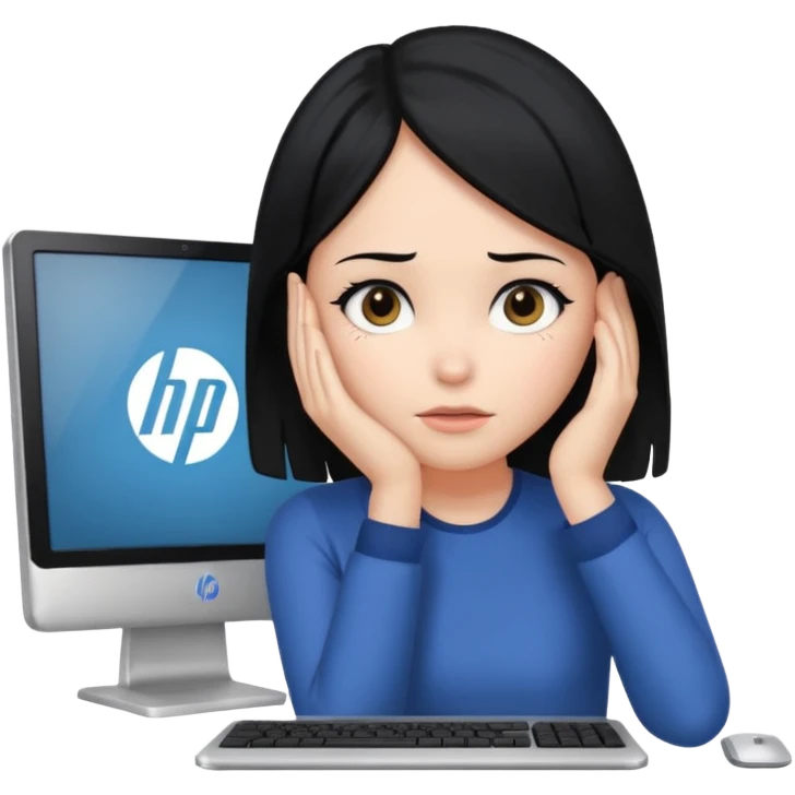 A girl is in front of a computer and is holding her head.The one with black hair And the computer is of a certain type hp emoji