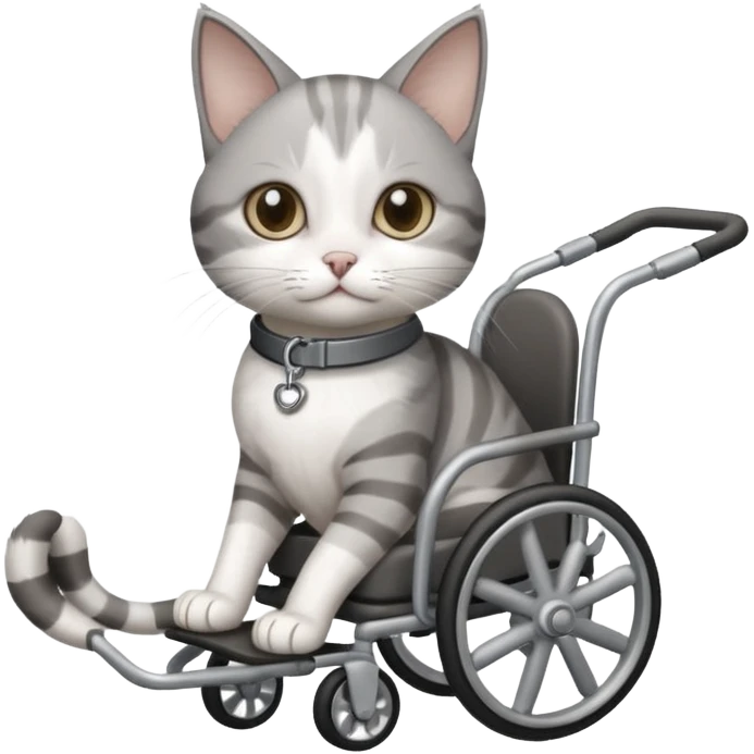 disabled grey and white small cat using cat wheelchair emoji