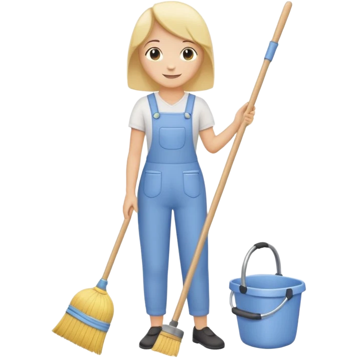 simplified human character calmly cleaning the room, holding a broom or cloth, relaxed smile, peaceful everyday routine, flat custom emoji sticker, soft pastel colors, rounded shapes, minimal details, thick outline, white background, no text emoji