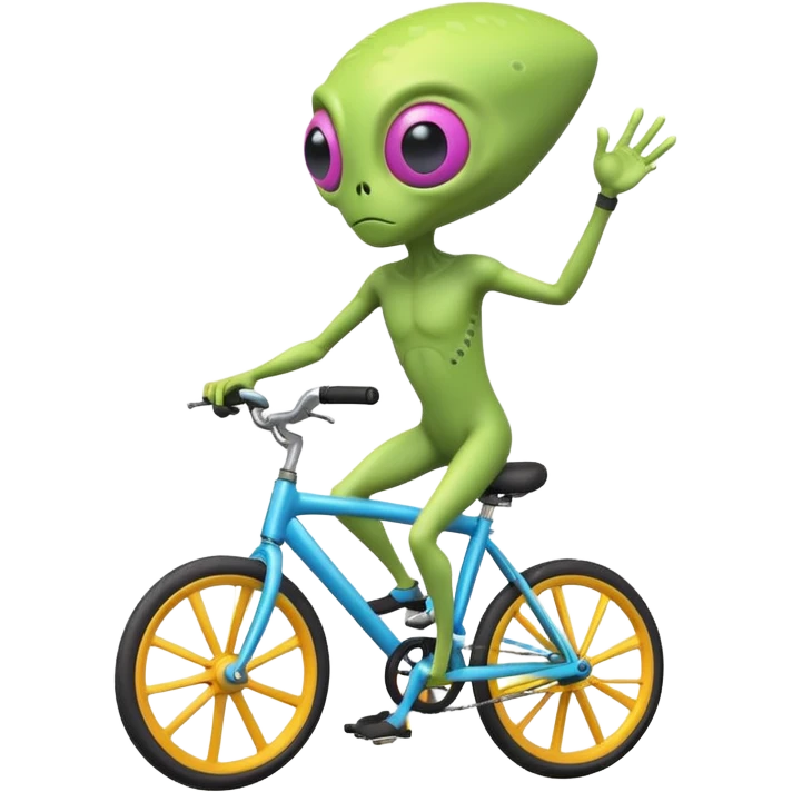 one-eyed alien riding a bicycle, large single eye, colorful skin, funny balance pose, cute sci-fi style, 3D cartoon, mobile game icon style, clean background, no text, no watermark
 emoji