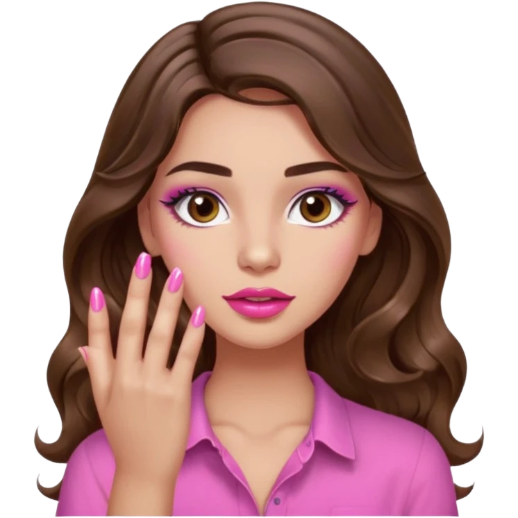 girl with long wavy brown hair, brown eyes, light to medium complexion, in a pink shirt, pink lips, long lashes, puckered lips, showing off painting nails emoji