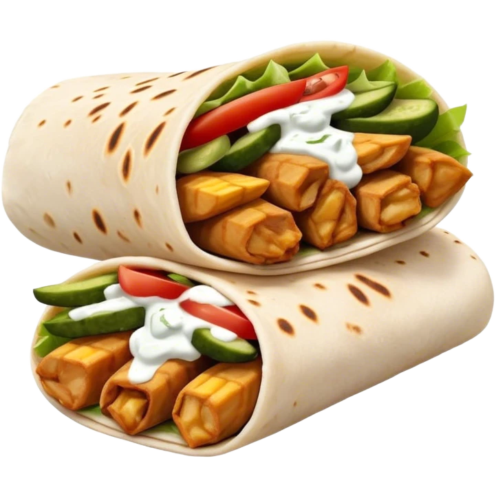 Chicken shawarma wrap with pickles tomato’s tzatziki and fries inside with steam coming off emoji