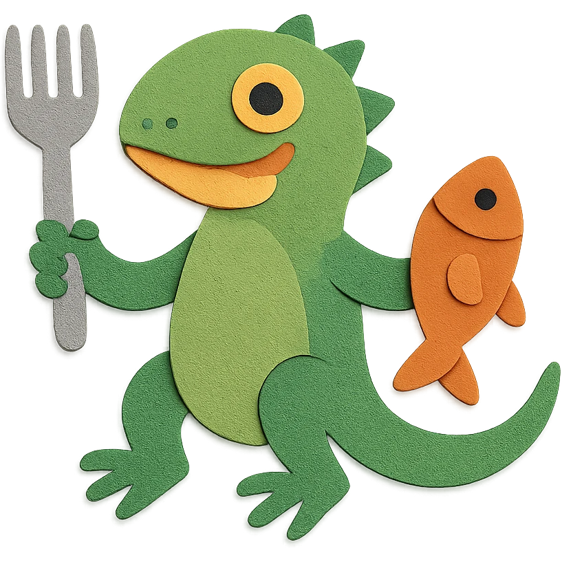 lizard holding a fork and a fish emoji