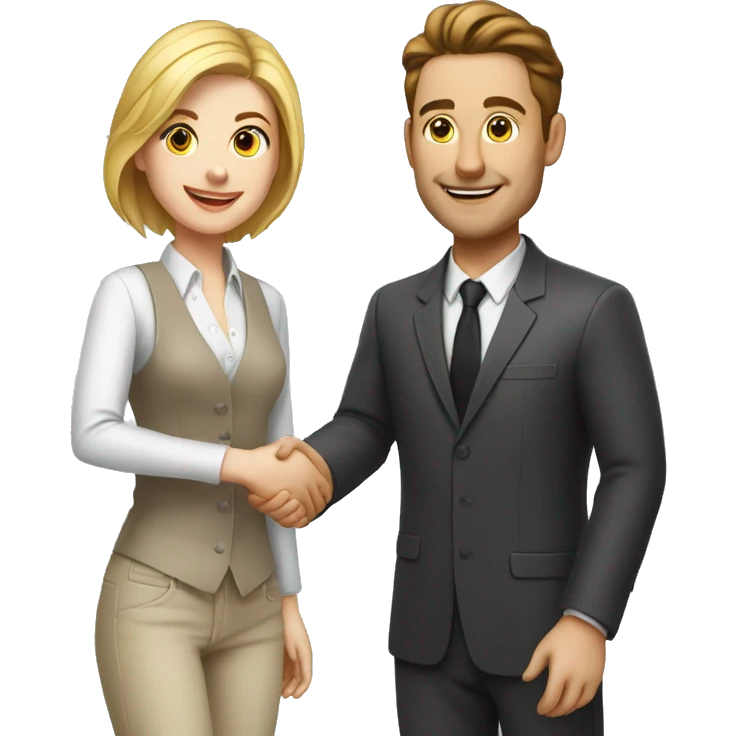 an adult restaurant owner and a young blogger shaking hands, both with fair skin, in great detail emoji