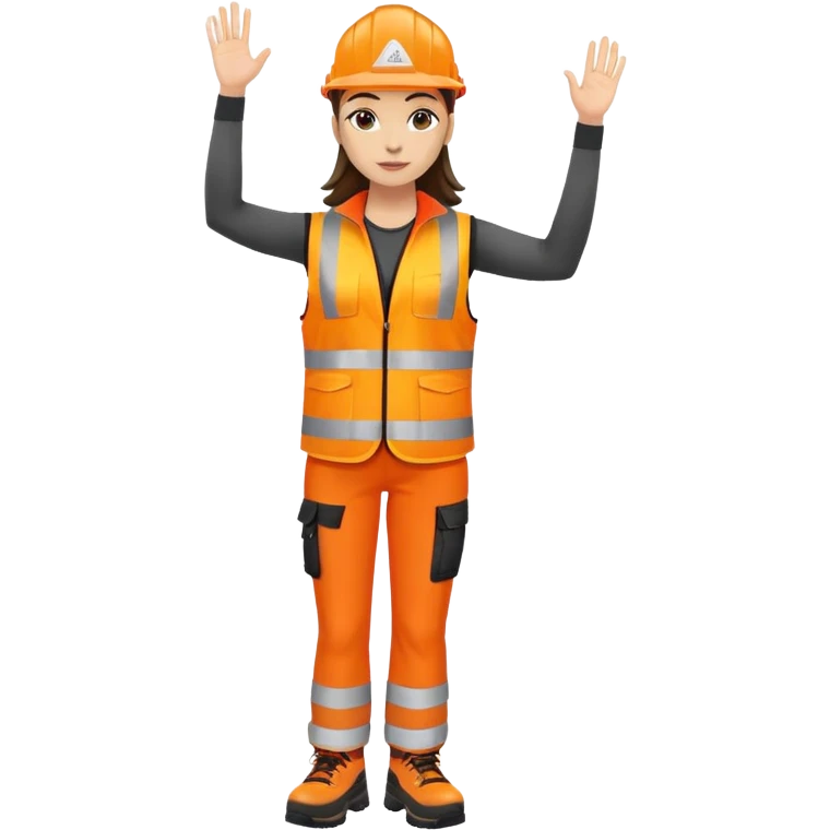 female, orange, hi-vis vest, dark trousers, shoes, hand raised emoji