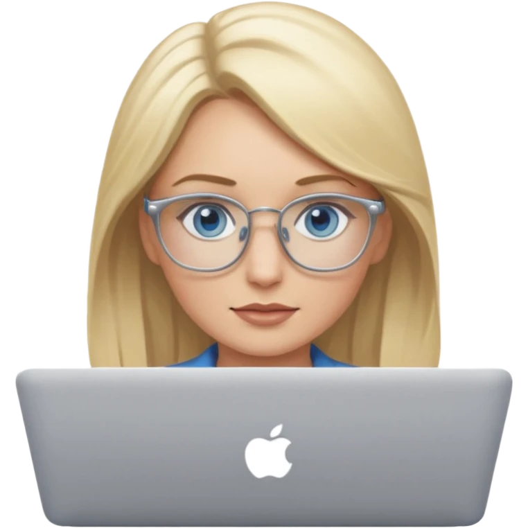 blonde hair woman blue eyes on mac lap top with glasses emoji