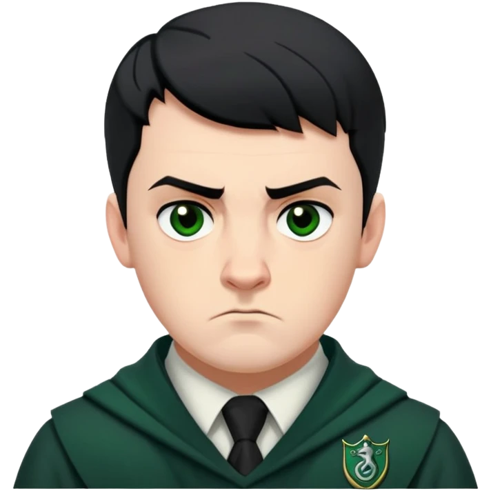 Jamie Yeates is Marcus Flint in harry potter, wear hogwarts slytherin uniform, short black hair, bulky face, often scowling or looking grumpy give him an intimidating presence emoji