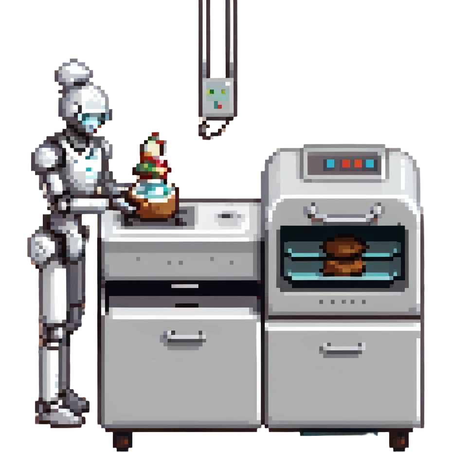 A robotic baker with stainless steel limbs, built-in mixers, and a retro-futuristic oven. The environment is industrial-chic: brushed metal surfaces, LED panels, and mechanical arms. UI mimics control panels with toggle switches, rivets, and analog dials. emoji