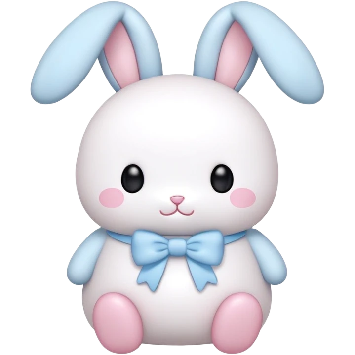 A fat bunny in authentic Sanrio style exactly like Hello Kitty and My Melody, super simplified features, extremely kawaii, tiny body with oversized head, minimal dot eyes, no nose, tiny simple mouth, pastel pink and baby blue colors, clean bold black outlines emoji