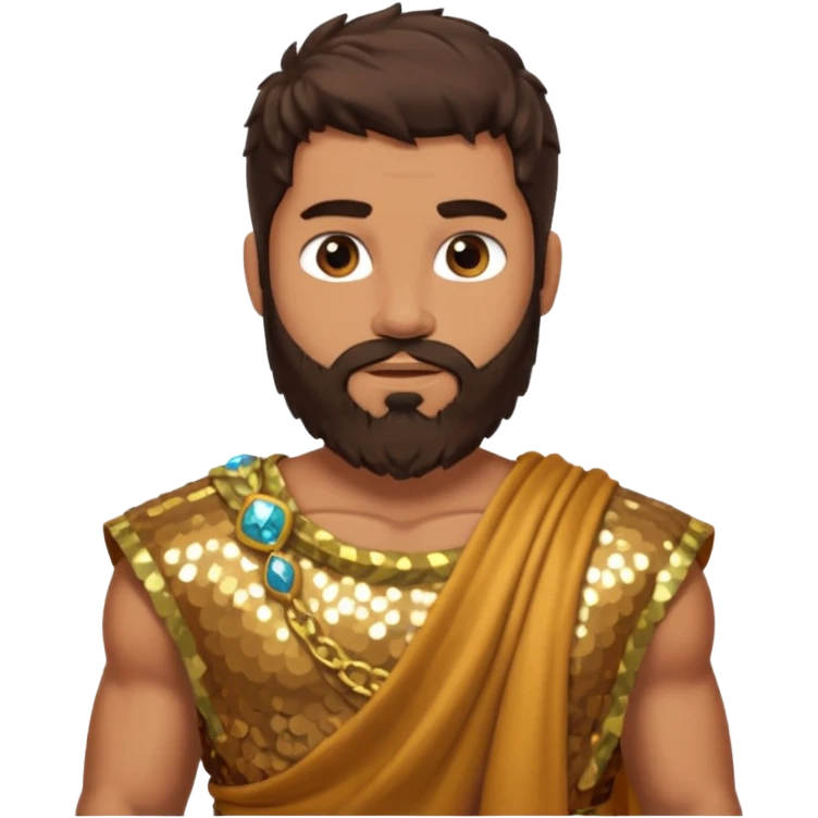 Hercules from Roman Deities with long dark brown hair and beard, bronze sequin toga emoji