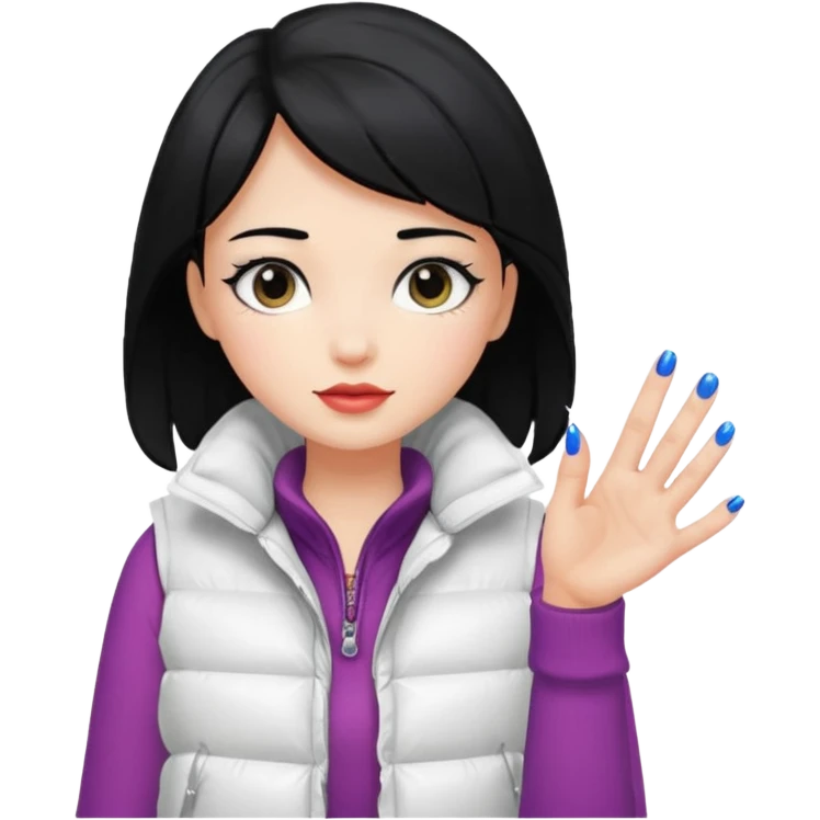 girl with black hair in a white puffer vest with nails emoji