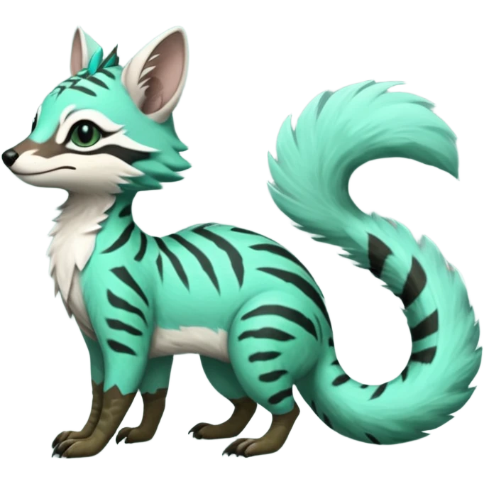 Feral Rare Fantasy minty-cyan pastel-seafoam-green Hunter-forest-green  Vernid-Gremz-Numbat-Sergal-Genet-Trico-species by LiLaiRa, random markings, tufted tail, tufted ears, full body emoji