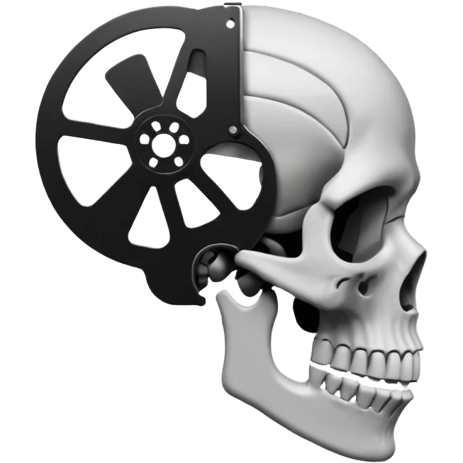 Minimalist emoji-style sticker of a human skull in profile, with a film reel replacing the brain. Grayscale icon with bold silhouette.
 emoji