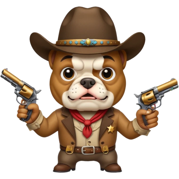 A bulldog wearing a cowboy hat pointing a revolver at you and telling you to hand over your money. emoji