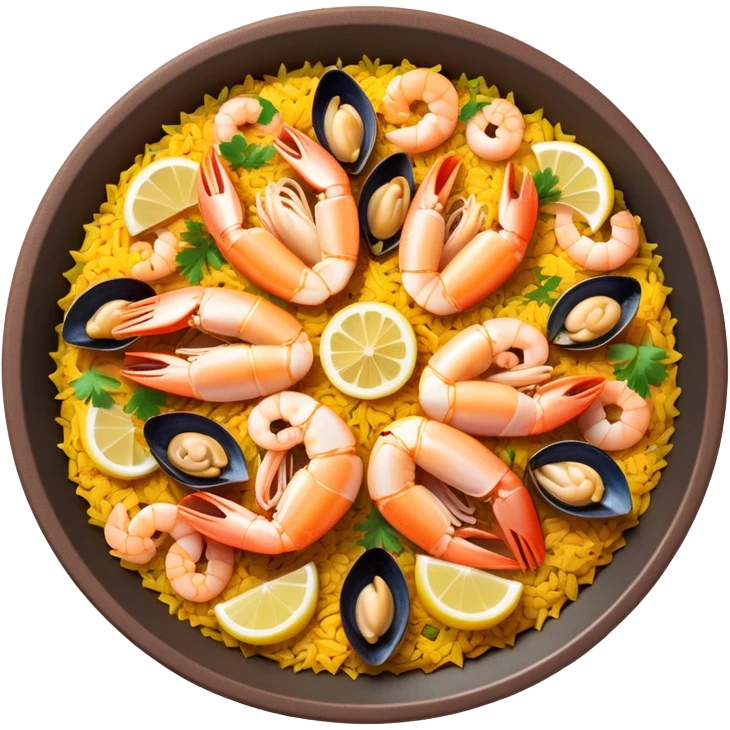 cinematic-realistic-paella-dish-emoji,-depicted-as-a-vibrant,-aromatic-rice-dish-loaded-with-seafood,-chicken,-and-saffron-rendered-with-rich-textures-and-dynamic,-warm-lighting with a lemon slice in the middle emoji