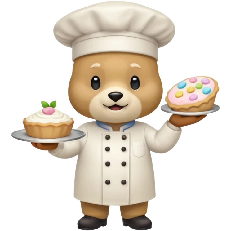 quiero un oso de pie con un delantal de pasteleria y un jorrito de chef que una mano tenga una manga oastlera emoji