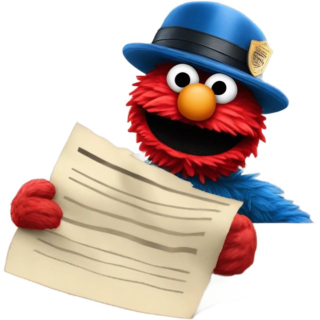Elmo as a police officer giving Cookie Monster a speeding ticket that says “fanum tax” on it  emoji