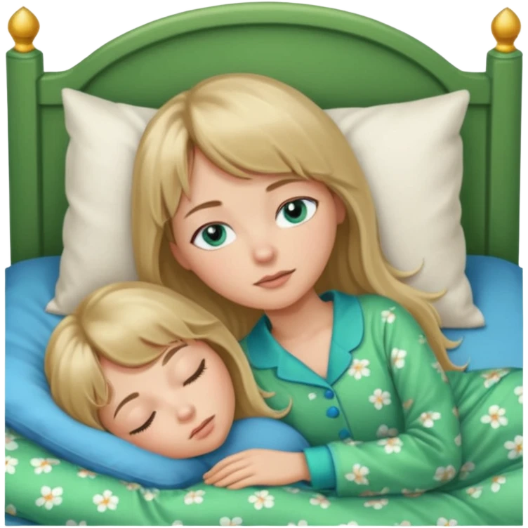 Woman with blue eyes and long dark blond hair and a bang, sleeping in bed  with green pyjama emoji