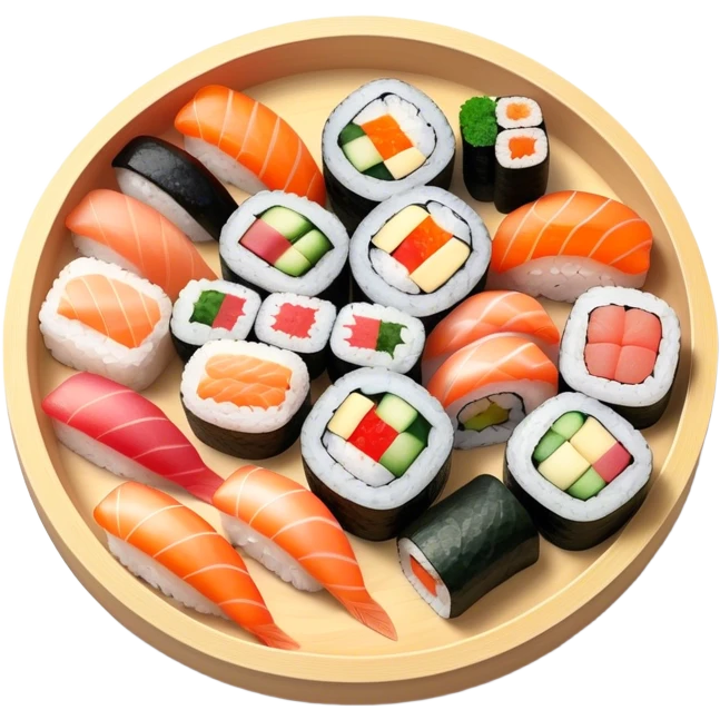Cinematic Realistic Sushi Dish Emoji, depicted as an artful arrangement of fresh sushi with vibrant colors rendered with lifelike textures and delicate, natural lighting. emoji