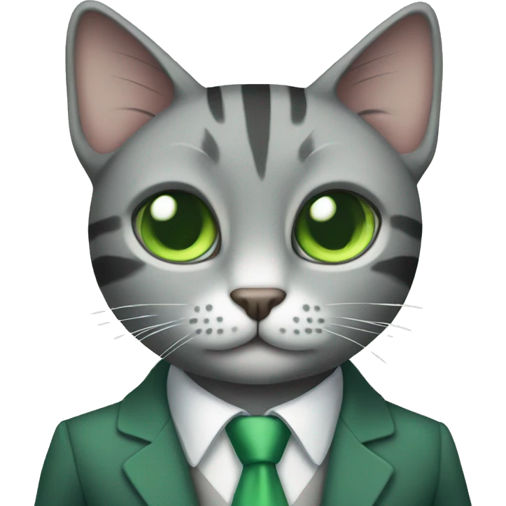 Grey striped cat with green eyes with suit emoji