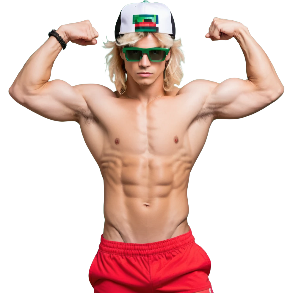Man with black and white cap, bare torso, red shorts, clear glasses, messy light blond mullet hairstyle, flexing muscles emoji