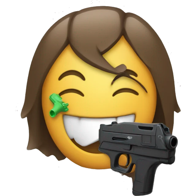 Smiling emoji with a black plastic water pistol pointed into its mouth emoji