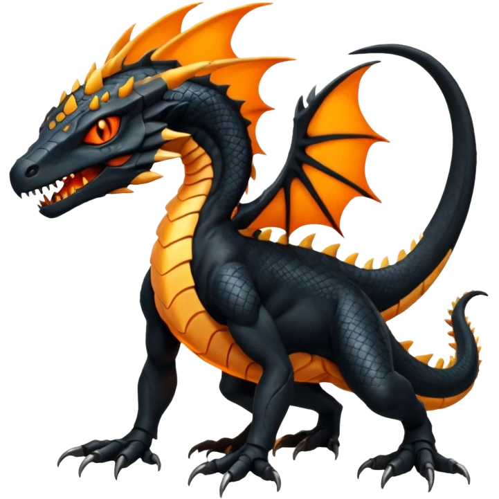 Magmatic fiery badass cool obsidian-Black and golden-orange Helioptile-Amaura-Salandit-Fakémon-hybrid-creature (full body)  emoji