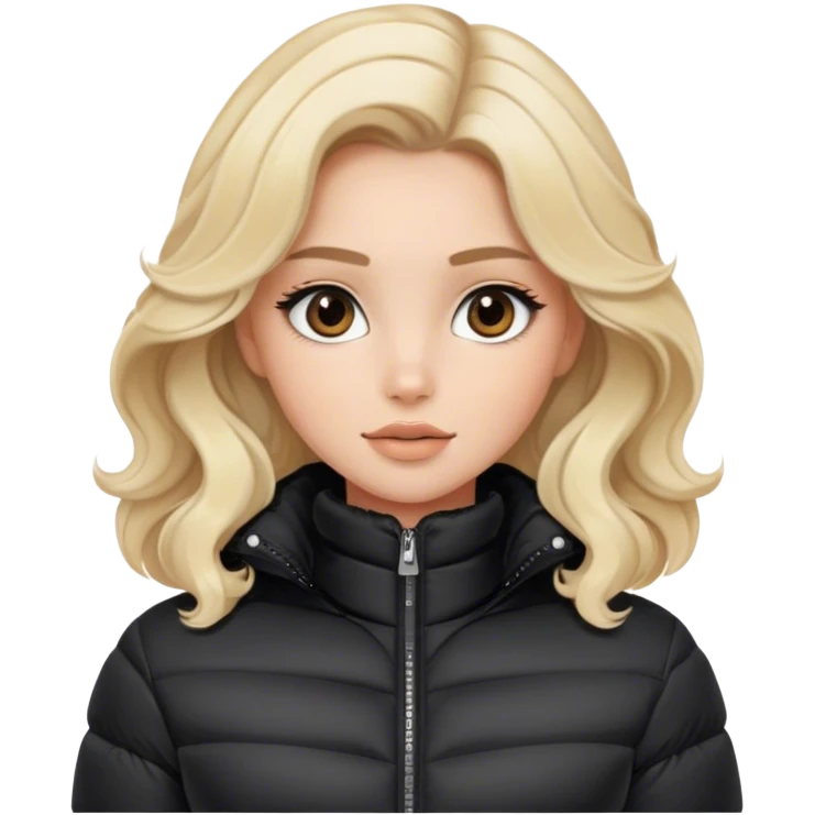 Luxury blonde model, brown eyes, soft sleek wavy hair, wearing a black puffer jacket winter emoji