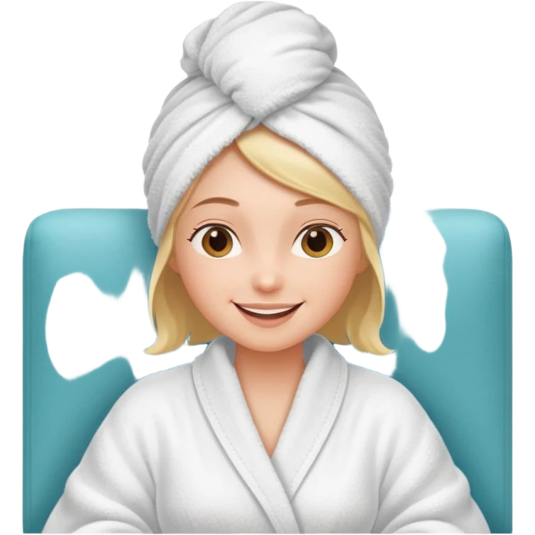 spa A contented and relaxed girl with a towel on her head in a white robe lies on a couch. The icon displays the couch and the girl in full three-quarter view. emoji