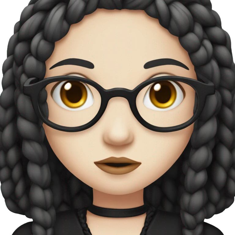 "An emoji of a girl with long black braids, pale skin, and a serious expression, wearing a dark gothic-style dress, with round black-rimmed glasses to add a studious, mysterious look emoji