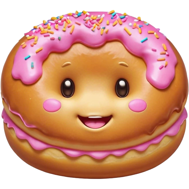 Cinematic tiny happy donut, round and fluffy, golden brown with pink icing and sprinkles, tiny adorable face with blushing cheeks, warm glowing background. emoji