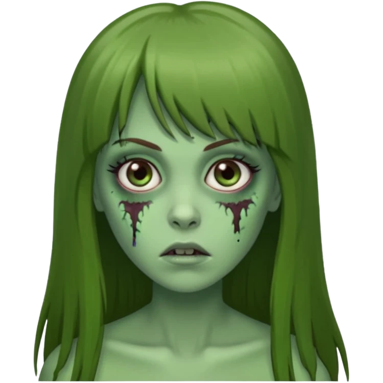 Zumbi feminino, de pele verde, cabelo longo liso e castanho com franja. rosto oval e cilios grandes emoji