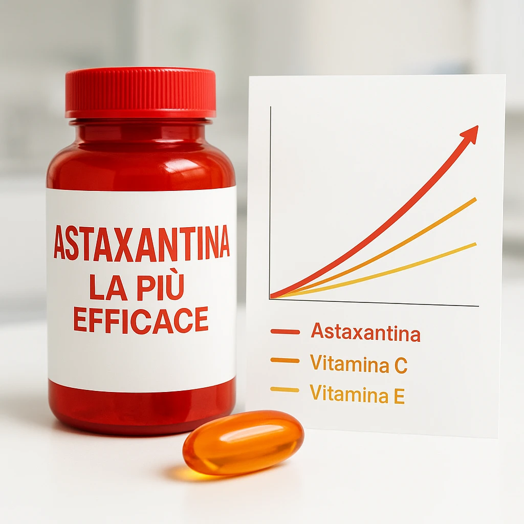 hyper realistic Astaxantina with line chart showing growth compared to vitamin C and vitamin E, red bottle, orange and golden capsule, text 'Astaxantina: la più efficace', clinical atmosphere, white background emoji
