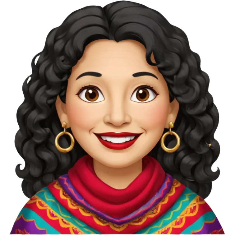 60 yr old peruvian woman, slightly chubby, wavy/curly long black hair, red lipstick, big smile, white teeth, brown eyes, hoop earings, side part to hair, round face emoji