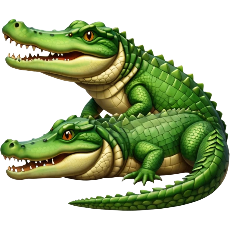A large crocodile resting on a riverbank, part of its body in water, realistic scales and reflections, natural sunlight. emoji