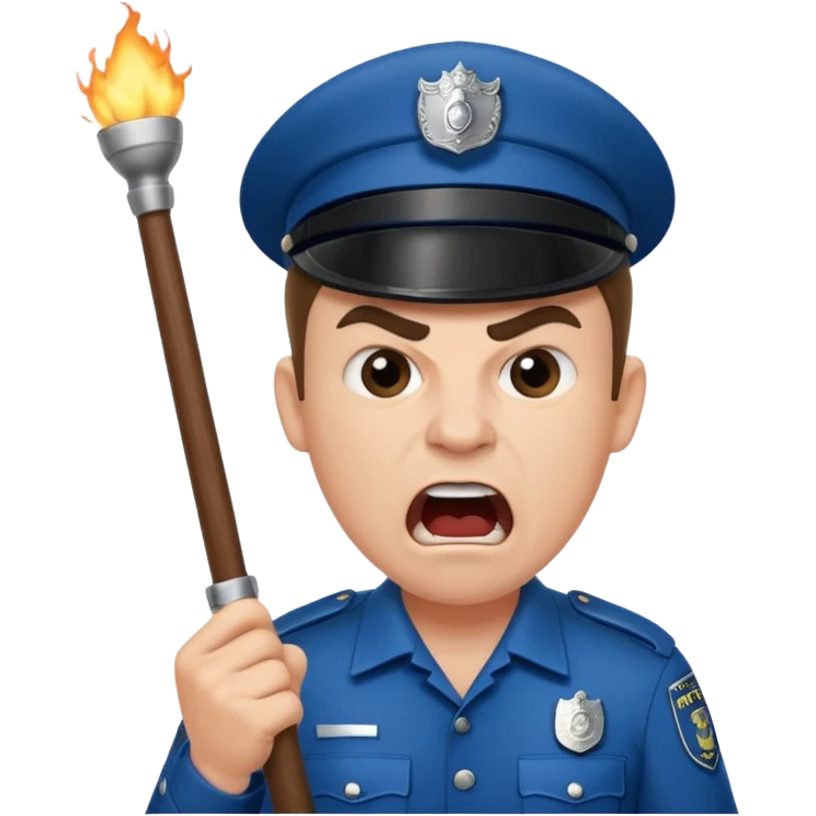 An angry British policeman with a baton in his hands shouts emoji