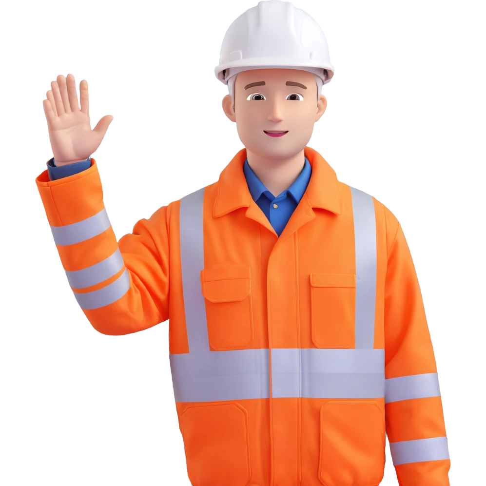 man in orange hi-vis jacket, white hard hat, waving, with a railway track in the background emoji
