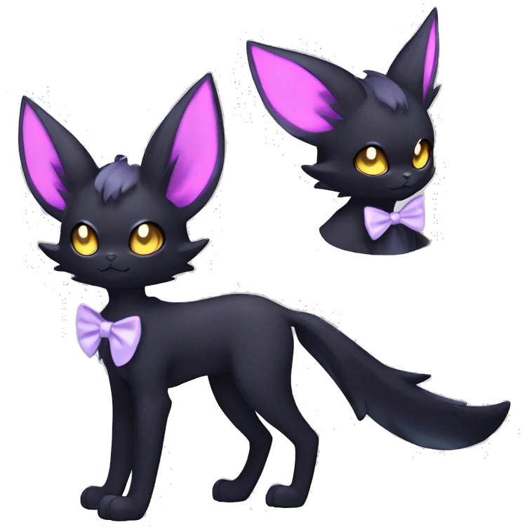 Shiny Cool pastel Edgy Black beautiful ethereal fantasy Kawaii Sona Umbreon-Noibat-Litten-Fakemon-cat-animal with edgy bat-ears bow tie black mane vtuber model Full Body emoji