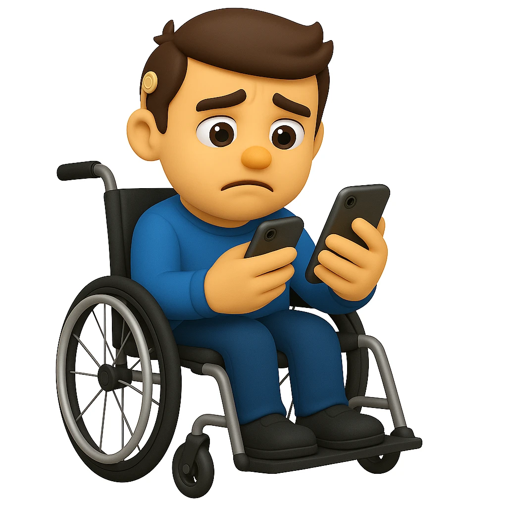 Add a modern wheelchair, keeping the man in the same 3D emoji style and pose, with the hearing aid still visible. emoji
